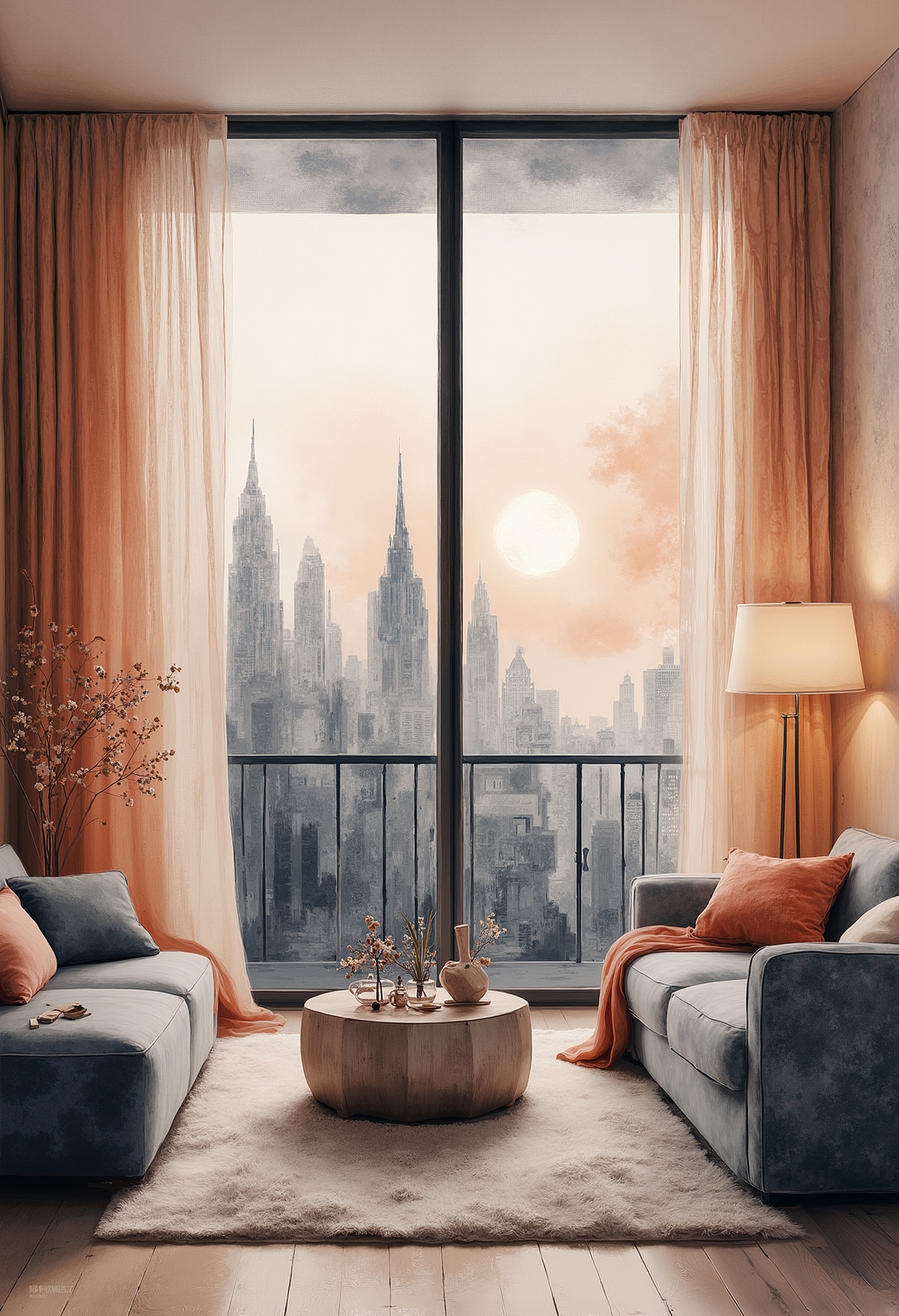 pst007, A comfortable living room with a balcony view, giving a sense of privacy. The overall indoor lighting is dim, very casual and relaxing, creating a relaxed and comfortable living atmosphere. City Building