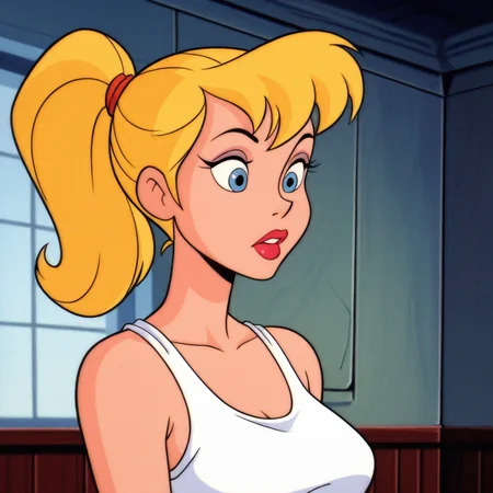 masterpiece, 1990s_Cartoon, film grain, lowres, , 1990s \(style\), 1girl, solo, blonde hair, ponytail, blue eyes, lipstick, tank top, upper body, <lora:1990sCartoonsStyle_illustrious_Leaf1:1.2>, indoors,
