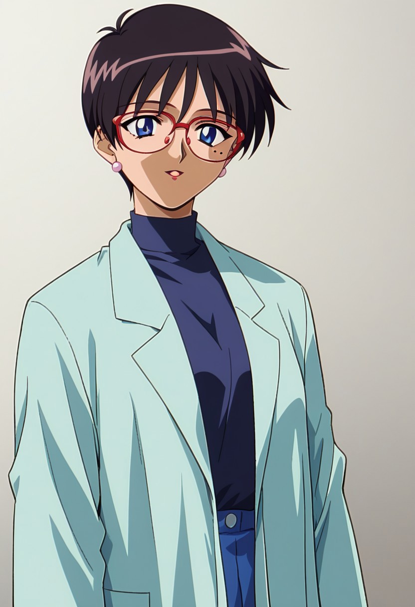 <lora:Midori_Anzai_Anzai_Sensei_Angel_of_Darkness_2_æ·«c£æa¸«:1.01> anazaiaod, 1girl, (((solo))), glasses, earrings, jewelry, retro artstyle, short hair, 1990s (style), blue eyes, mole, black hair, solo focus, labcoat, mole under left eye, score_9, score_8_up,score_7_up, masterpiece,