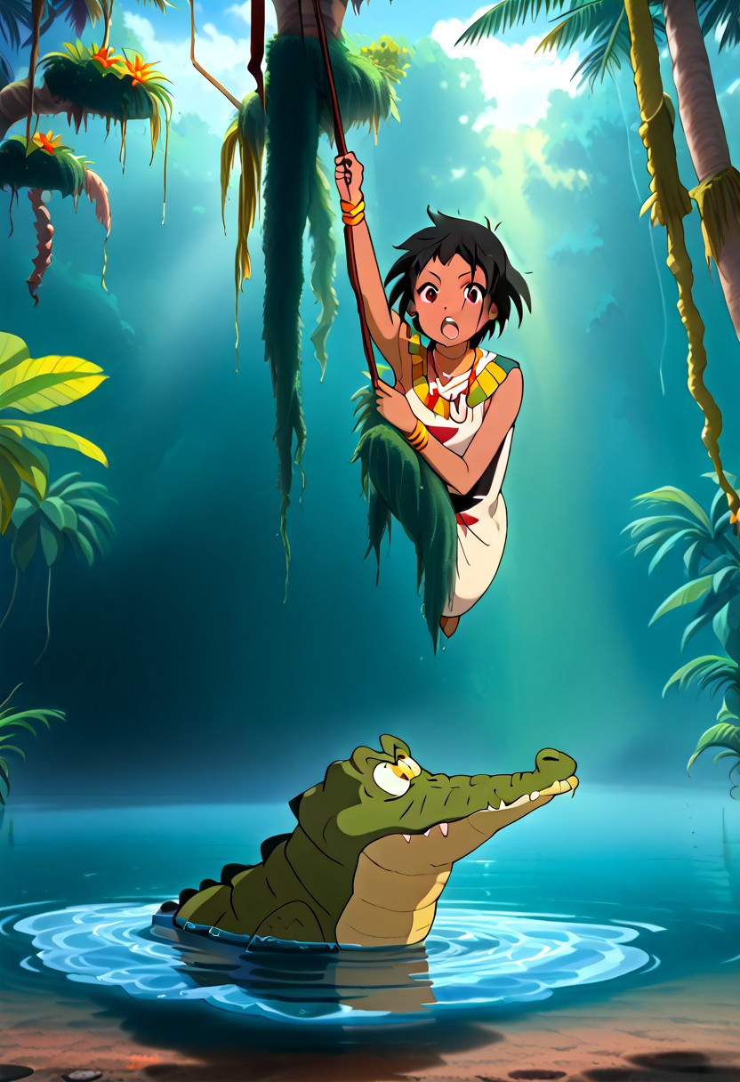 Tick tock crocodile,male animal focus,tail, crocodile open large mouth ,green skin, blue eyes, Tick Tock the crocodile is giant and very huge size,teeth, swimming in water,partially submerged,Tick Tock the crocodile looking us.
Choi_mochimazzi sitting on the crocodile head.
Base - choim, short hair, black hair, red eyes, dark-skinned female,purple eyes,
Base Outfit - dress, jewelry, dark skin, necklace, bracelet, wristband,open mouth,river,palm trees, jungle tropical, Disney,manga,anime