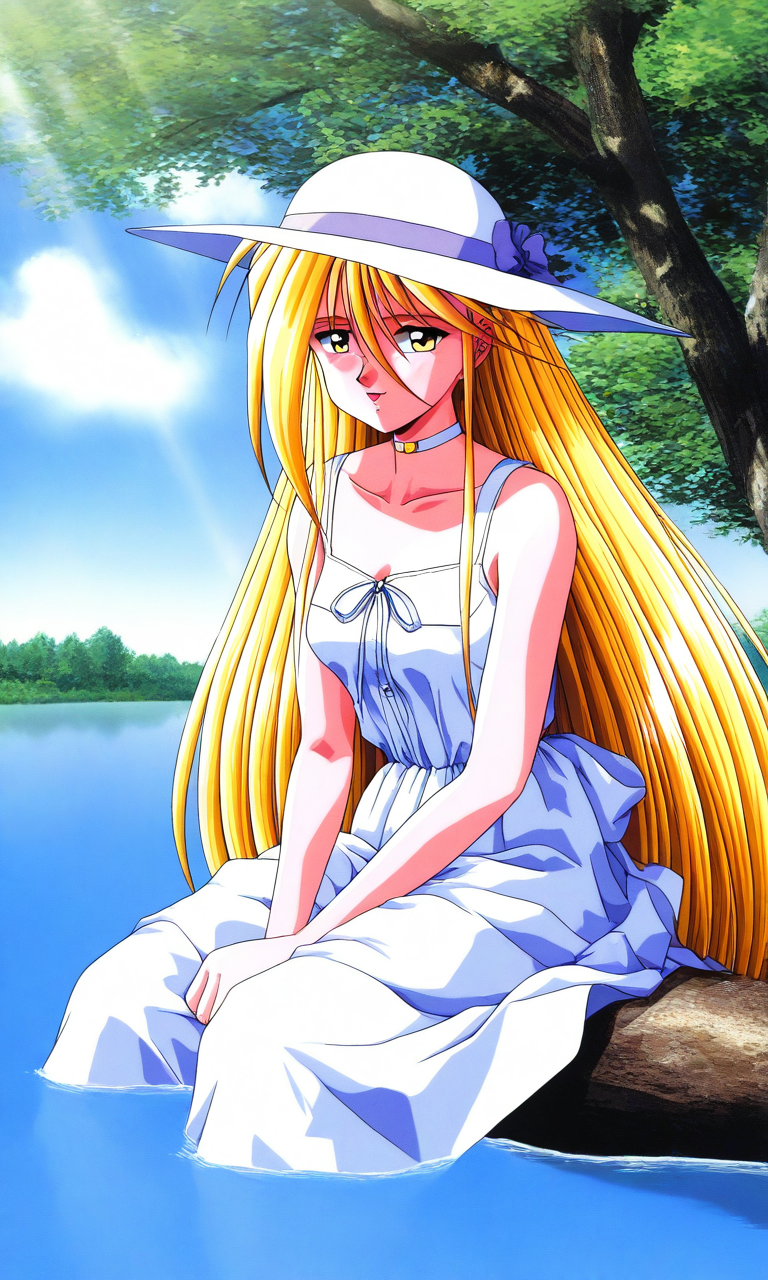 general,highres, ultra-detailed,very aesthetic,best quality ,best hands, BREAK <lora:Ijuuin_Rei_Tokimeki_Memorial_IS:1>
Ijuuin_Rei(Tokimeki_Memorial), 1girl, solo, blonde hair, yellow eyes, hair between eyes, breasts, 
long hair, hat, white dress, sundress, sun hat, day, outdoors,  sitting,
 water, choker, 1990s (style), tree,
very long hair, sleeveless dress, sleeveless, 
sky, hair between eyes, ribbon