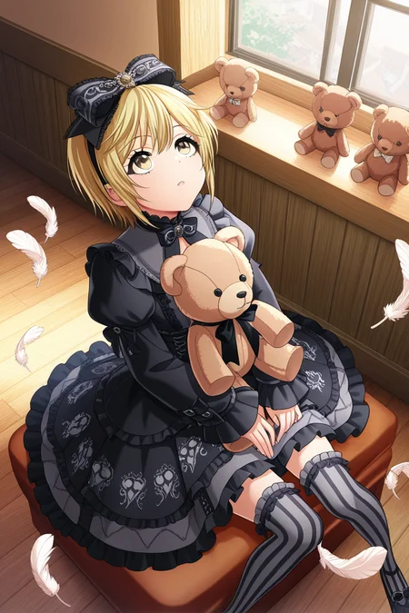 masterpiece, best quality, amazing quality,
 <lora:Nagisa_IL:1> nagisa, 1girl, blonde hair, feathers, solo, looking up, long sleeves, dress, stuffed toy, sitting, bow, short hair, yellow eyes, stuffed animal, striped, hair bow, teddy bear, indoors, window, lolita_fashion, thighhighs, frills, wooden floor, holding, puffy sleeves, bangs