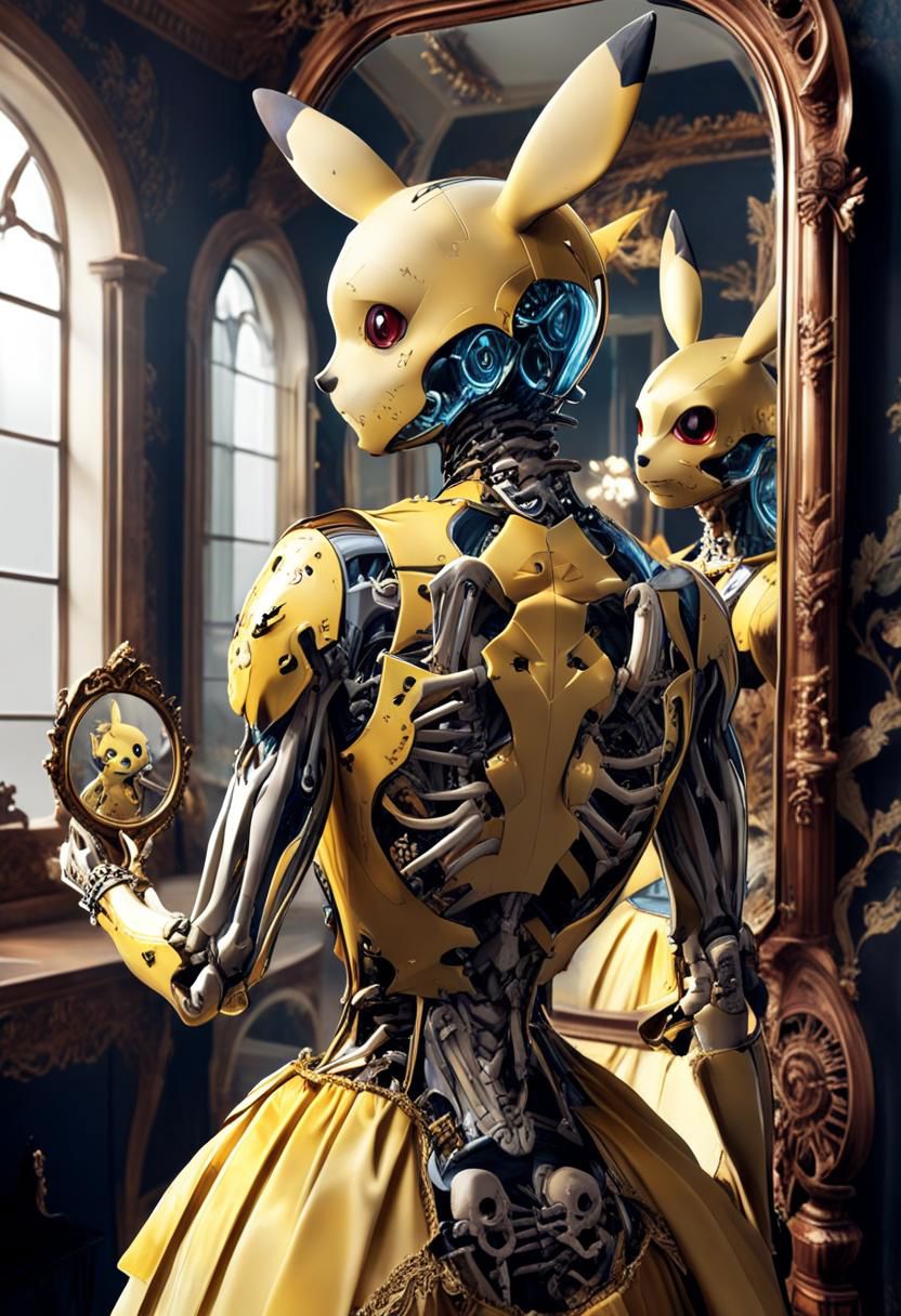 [pikachu mirror reflection : [pikachu | undead] reflection, intricate skeletal body :20]
BREAK
beautiful pikachu, from behind, looking into a mirror  <lora:GeorgianStyle:1> GeorgianStyle