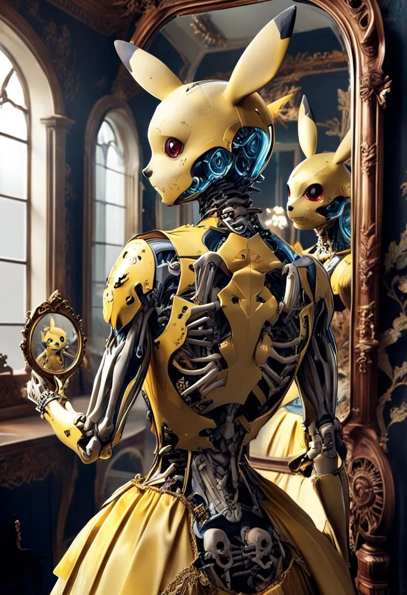 [pikachu mirror reflection : [pikachu | undead] reflection, intricate skeletal body :20]
BREAK
beautiful pikachu, from behind, looking into a mirror  <lora:GeorgianStyle:1> GeorgianStyle