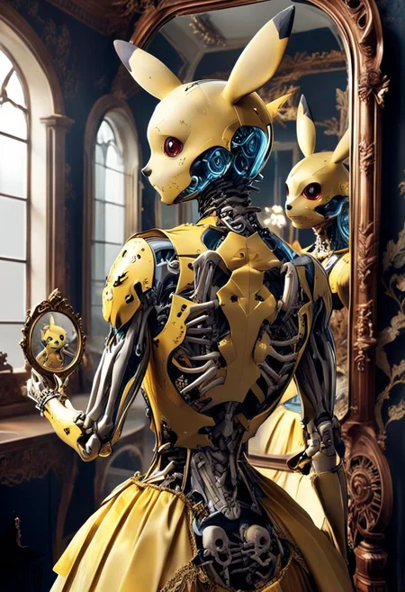 [pikachu mirror reflection : [pikachu | undead] reflection, intricate skeletal body :20]
BREAK
beautiful pikachu, from behind, looking into a mirror  <lora:GeorgianStyle:1> GeorgianStyle