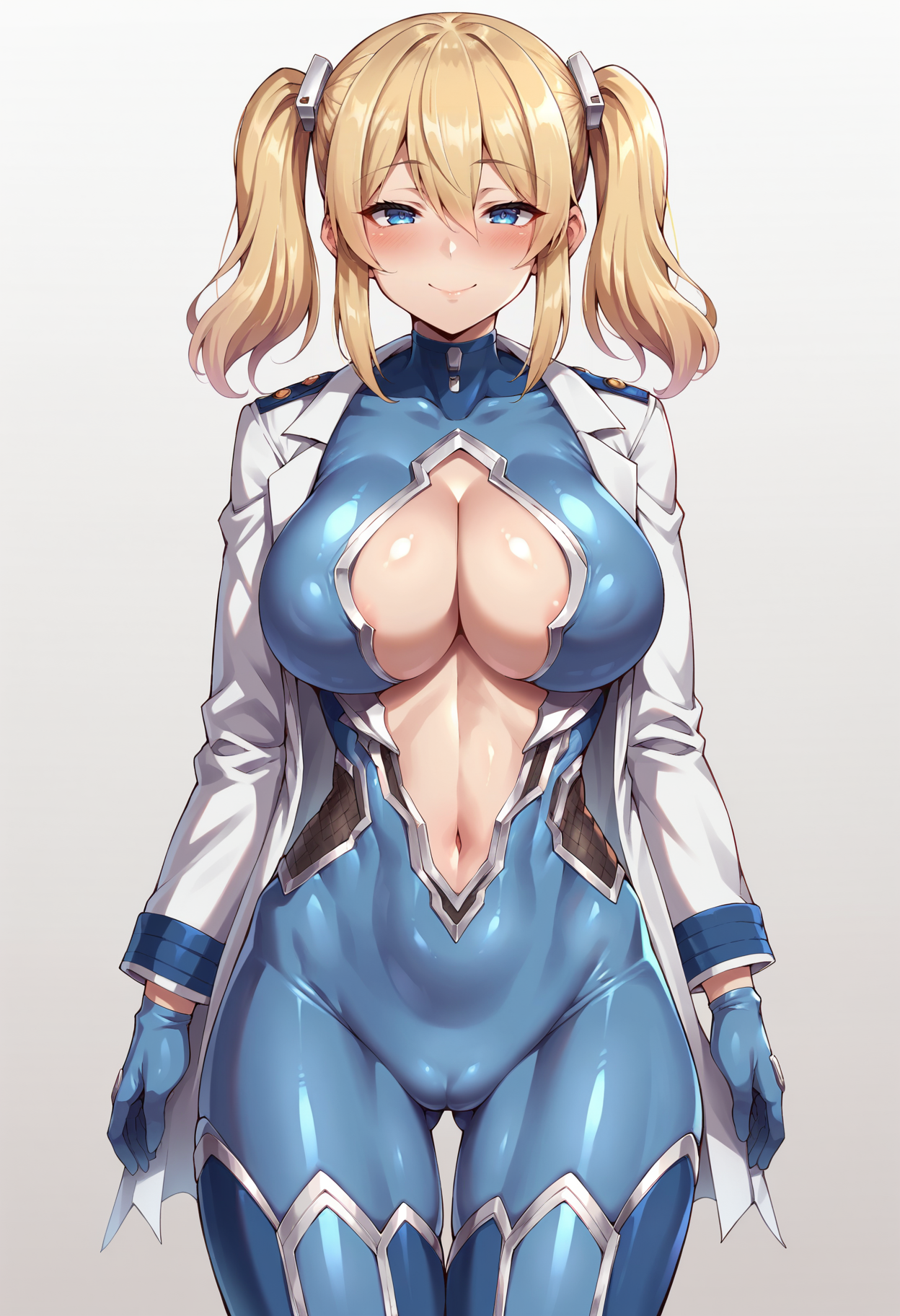 score_9, score_8_up, score_7_up, score_6_up, source_anime, uncensored,
1girl, solo, (konno tohiro:0.4), 
standing,
looking at viewer, half-closed eyes, smile, blush,
hinganji_kurenai_sk, 
blonde hair, short twintails, blue eyes, hair between eyes, 
bodysuit, center opening, skin tight, thigh gap, cleavage, gloves, 
simple background, white background,
<lora:Shinganji_Kurenai_SK:1>
