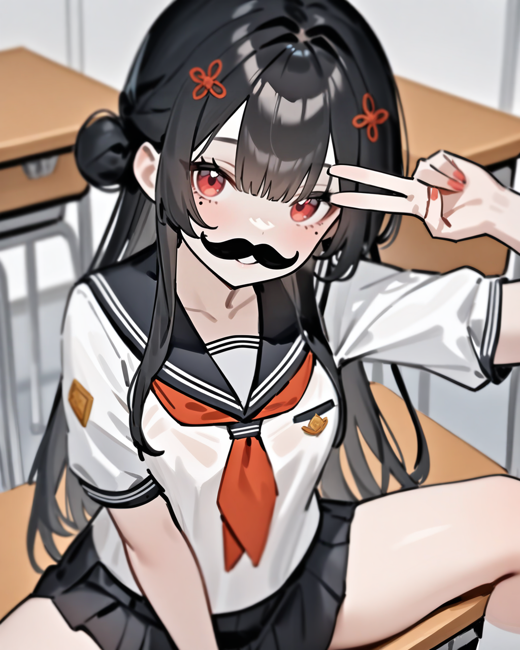 masterpiece,best quality,looking at viewer,classroom,sitting on desk,serafuku,sailor,v,smile,fake mustache,fake beard,
<lora:xuankai_xl:0.65>,xuankai snowbreak,1girl,solo,mole under eye,long hair,black hair,hair ornament,red eyes,small breasts,bangs,hair bun,