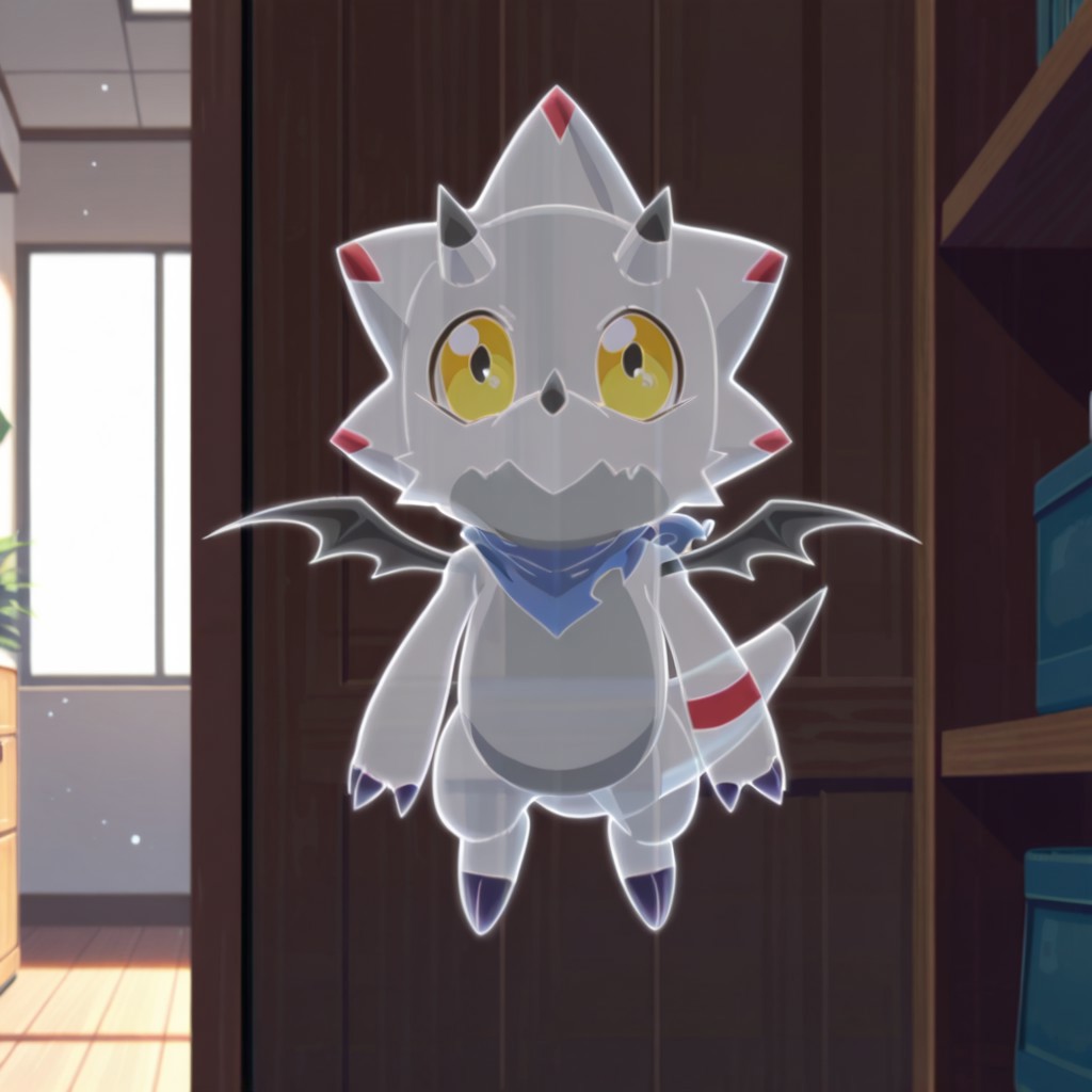 ((masterpiece, best quality, amazing quality,))  GammaGil, semi-anthro, Gammamon, ceratopsian, ghost form, outline, translucent body, white skin, yellow eyes, translucent blue neckerchief, horns, nose horn, tail, translucent character, translucent bat_wings, flying, inside, solo