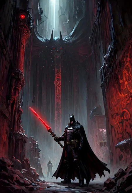 1man, solo, he is a mix of nqstrman and batman in a black and red outfit holding a sword stands in the shadowy underbelly of a hive city, his long coat billowing as he examines xenos artifacts hidden in a dimly lit alley. The grimy walls are covered in graffiti venerating forbidden gods, and his gaze is stern, his hand resting on the hilt of a power sword, ready to dispense the Emperor's justice, apxlz