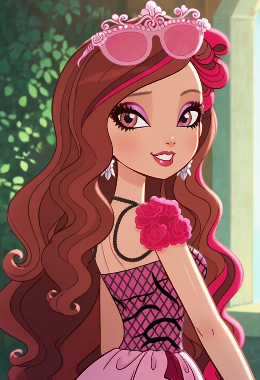 masterpiece, best quality, solo, curvy, beautiful eyes, zzBriar, pink eyes, brown hair, long hair, multicolored hair, pink hair, red hair, streaked hair, two-tone hair, wavy hair, makeup, jewelry, sunglasses, eyewear on head, eyeshadow, earrings, dress, brown eyes, flower , <lora:BriarBeautyEAH_IXL:1.0>, upper body, side view, smile, looking at viewer, shiny skin,