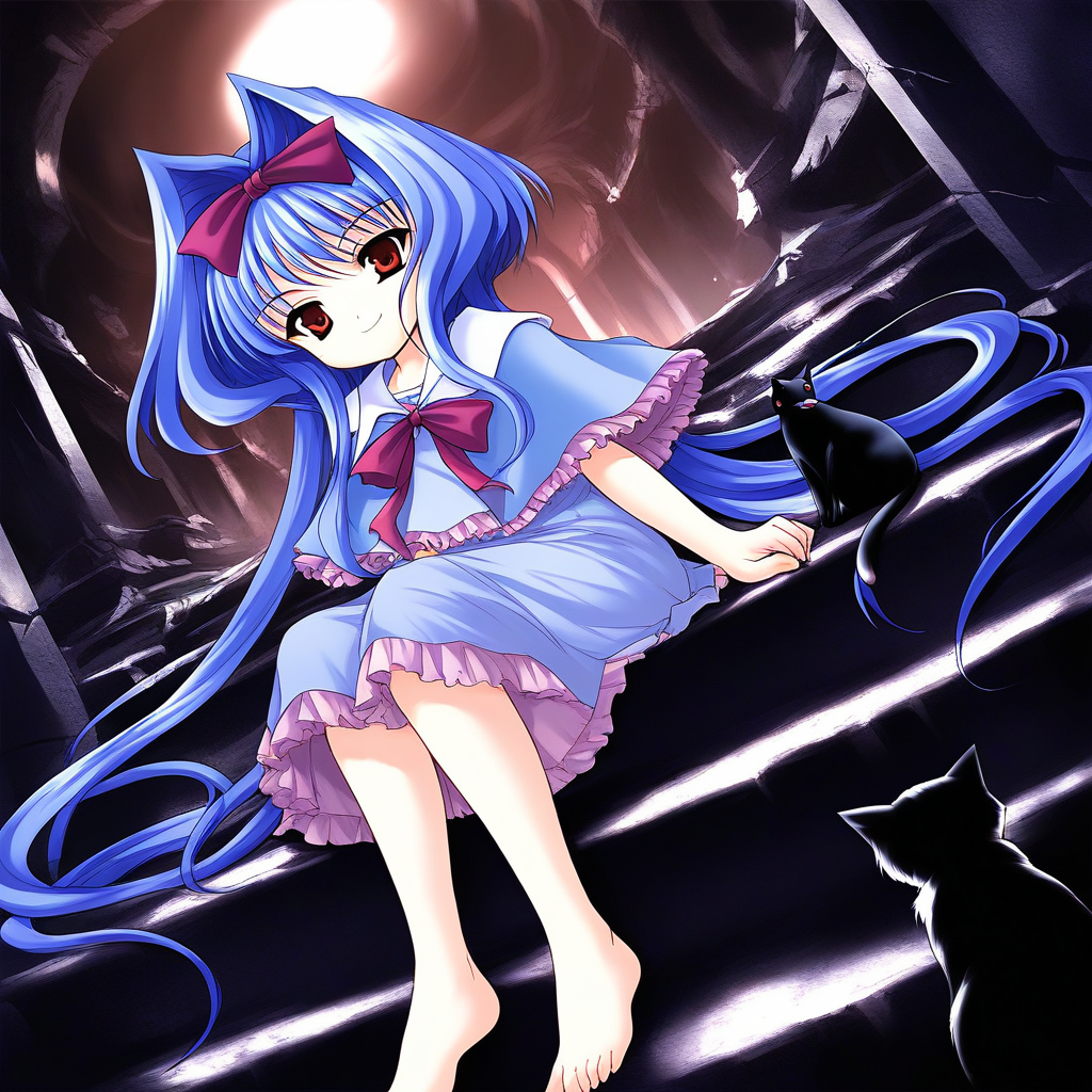 score_9, score_8_up, score_7_up, source_anime, rating_explicit, BREAK  <lora:Shion_IES_Ver2.0_XL:1> Shion_IES, very long hair, blue hair, hair bow, hair intakes, brown eyes, short stack,
cat, solo, barefoot, sitting, stairs, dress, black cat, purple hair, capelet, dutch angle, red eyes, hair ribbon, bow, smile, serious.
ruins, cave,