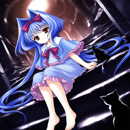 score_9, score_8_up, score_7_up, source_anime, rating_explicit, BREAK  <lora:Shion_IES_Ver2.0_XL:1> Shion_IES, very long hair, blue hair, hair bow, hair intakes, brown eyes, short stack,
cat, solo, barefoot, sitting, stairs, dress, black cat, purple hair, capelet, dutch angle, red eyes, hair ribbon, bow, smile, serious.
ruins, cave,
