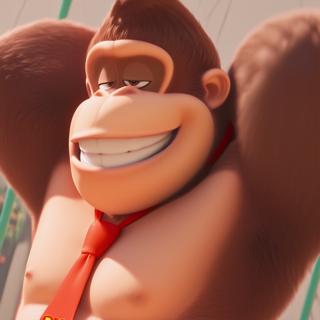 D0nkey_kong, Gorilla, Brown fur, Red necktie, (bust shot, pecs, grin, ( ((grin)) , teeth), confident, Brown eyes, realistic, tongue, detailed mouth, wide open eyes, detailed skin, arms behind head, armpit, good angle, solo, half closed eyes, from side