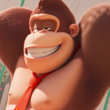 D0nkey_kong, Gorilla, Brown fur, Red necktie, (bust shot, pecs, grin, ( ((grin)) , teeth), confident, Brown eyes, realistic, tongue, detailed mouth, wide open eyes, detailed skin, arms behind head, armpit, good angle, solo, half closed eyes, from side