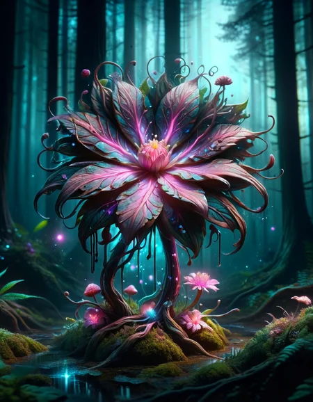 Ink illustration, bioluminescent pink flower, fabulous night forest, magical radiance, Concept art,depth of fieldm, realistic, cinematic lighting, soft shadows,fractal, colorful, depth of field , vivid colors, volumetric lighting, ink stains, ink splatters, ink runs, ink spots, faded ink linquivera, made of ral-mythfrst <lora:ral-mytfrst:1>