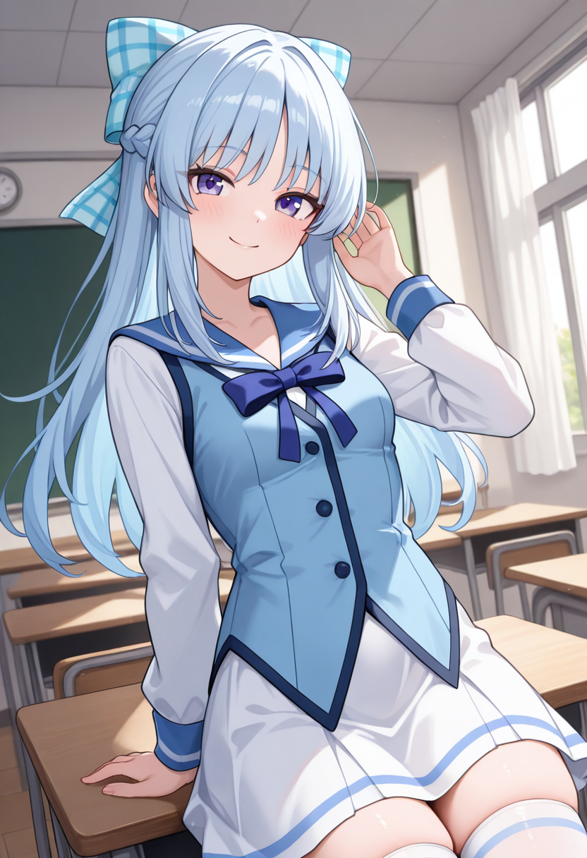 1girl,solo,<lora:channagiil:0.9>,kobotoke_nagi,small breasts,long hair,blue hair,braid,bow,checkered hair bow,blue bow,purple eyes,blue eyes,school uniform,blue vest,blue sailor collar,long sleeves,white skirt,thighhighs,looking_at_viewer,cowboy_shot,smile,hand on own ear,day,classroom,incredibly absurdres,masterpiece,best quality,good quality,newest,