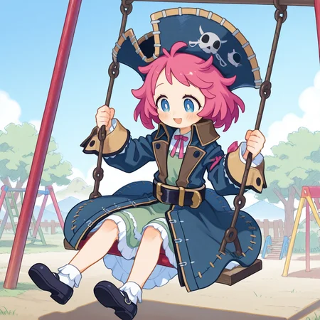 1girl,
looking down, smile, happy, having fun,
sitting on swing, playground, swinging legs,
<lora:Aprico:1> apricobrave, hat, blue eyes, pink hair, pirate hat, long sleeves, black footwear, dress, blush, shoes