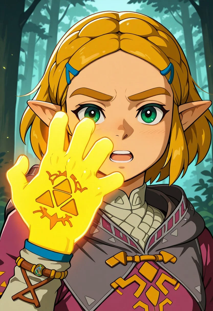 masterpiece, best quality, amazing quality BREAK zelda1x, tunic, shyai_fin, hand up, glowing hand, triforce hand tattoo, open mouth, forest, close up, <lora:Zelda:1>