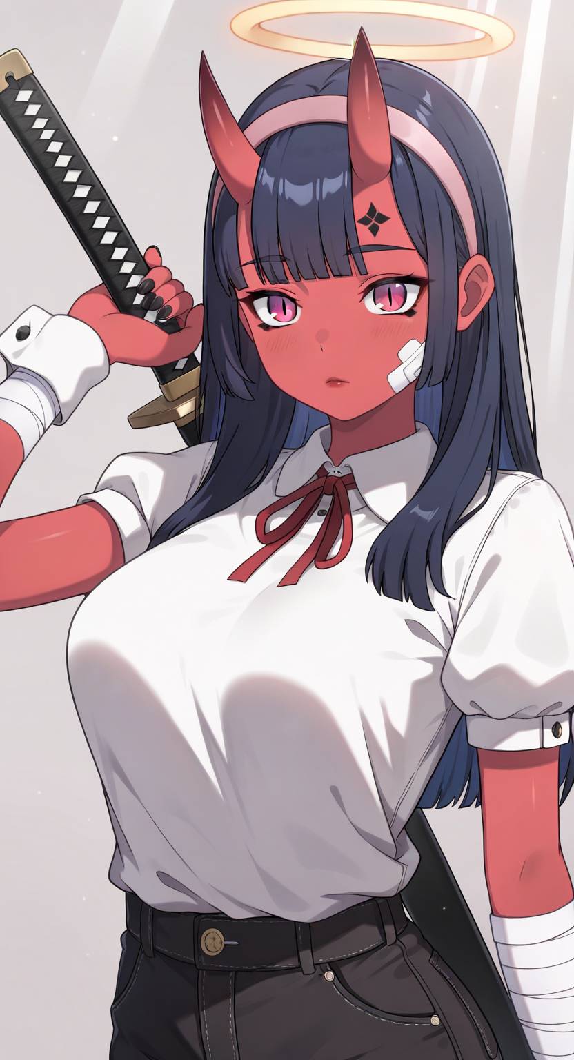 masterpiece, cute, lovely, newest, absurdres, (best quality:1.3), amazing quality, very aesthetic, 1girl, solo, high_resolution, hq, 4k, BREAK. high gradient eyes, very cute, light particles, cute details, cute colors, mature woman, (Kamuo_Style), red skin, oni, oni horns, dark blue hair, straight hair, blunt bangs, pink eyes, slit pupils, (medium breasts:1.2), sagging_breasts, BREAK, bandaid on face, bandaid, bandaid on cheek, forehead mark, parted lips, wrist cuffs, neck ribbon, short sleeves, fingernails, shirt, hairband, puffy short sleeves, puffy sleeves, shorts, t-shirt, bandages, sheath, sword, solo, holding, simple background, grey background, upper body, halo, facial mark, nail polish, closed mouth, red ribbon, black nails, bandaged arm, holding weapon, light frown, light rays, pink hairband, red lips, scabbard, weapon, white shirt, masterpiece, best quality, very aesthetic, intricate details, vivid colors, smooth shading, dynamic lighting, professional illustration, soft gradients, balanced composition, elegant pose, high-resolution, sharp focus, 8k, hdr, crisp lines, perfect lighting, sharp eyes, detailed eyes, highly detailed