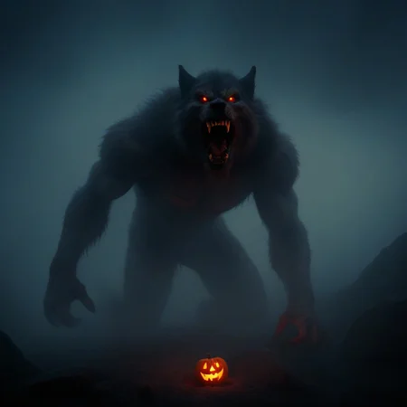 thick swirling fog, ((CR33P1NGF0G)), in mountains, night, barely visible werewolf deep in the fog, mouth with teeth dripping with blood, blood stained claws, howling with face raised to the sky, Werewolf style, R3dHall0w33n, absurdres, high quality, masterpiece, horror scene, dutch angle, from above, single jack o lantern on fire in background
