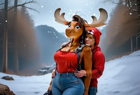 masterpiece, best quality, high resolution, absurdres, 1 girl, female moose,1 male,(male human,hiker), realistic, dynamic angle,source_furry×human, cineppmatic, Snow hiking trails
1 girl,becky moose, anthro moose, brown eyes, HUGE breasts, thick thighs,brown fur, LARGER female,large butt, jeans overalls
Out of frame,1 male, human male, black hair, short height difference, bangs, hair over eyes, carrying hiking equipment, wearing hiking 🥾 shoes and Red clothes
Scene:Slowly, painstakingly, Molly helped him sit up, leaning her sturdy shoulder against his back for support. He was shivering violently. 1girl, fetop, low angle, woman on top, urging him to lean closer, deeper into the warmth of her fur,looking down, looking at viewer, from below, low angle
Background:ruanyi0732,snowing,depth_of_field, mountain Forest, hiking trails