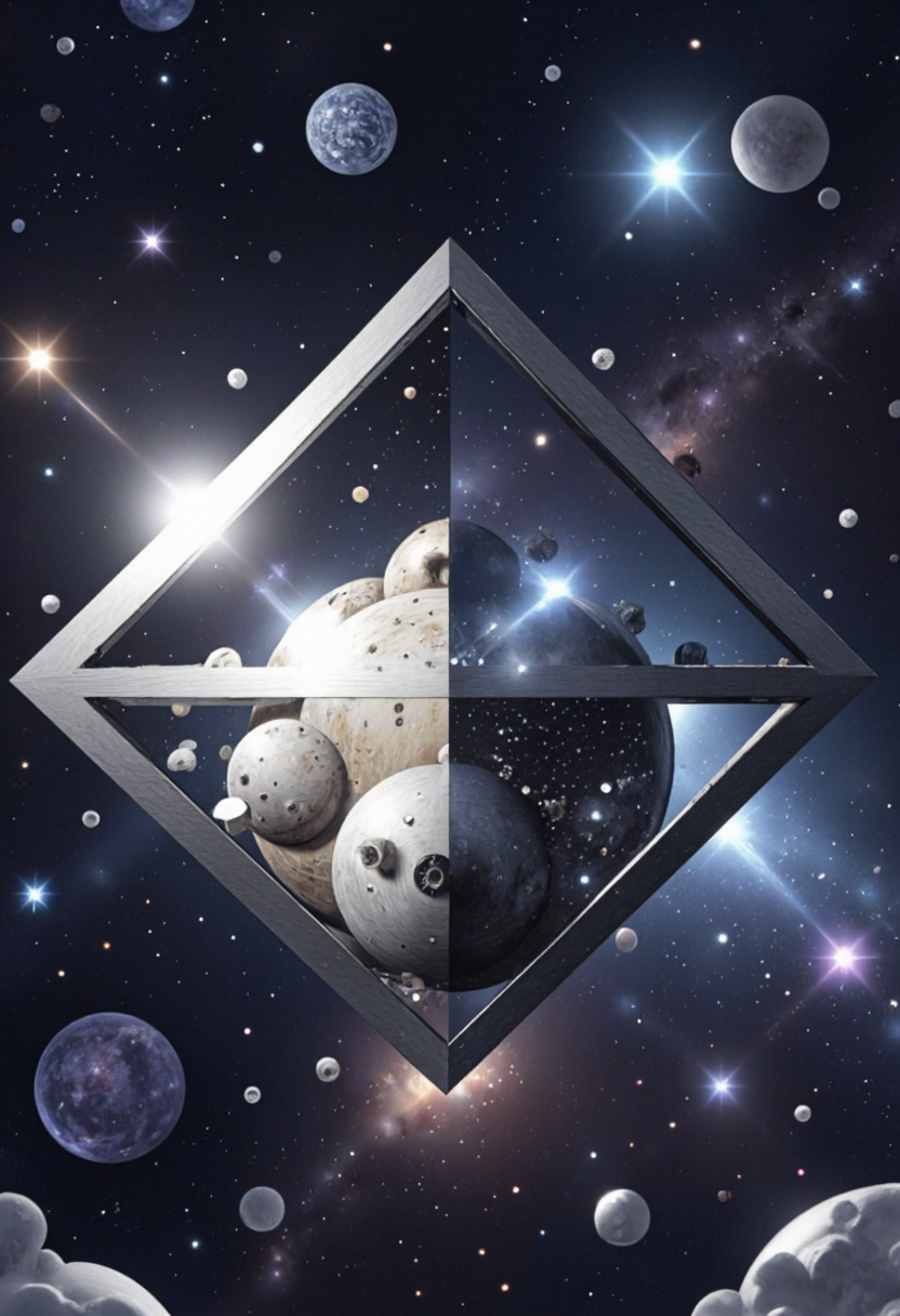 <lora:Pieper-Geometrics-Perspective:0.8>,A reflective cube floating in space, distorting the cosmos around it, Reflections and Mirrors,