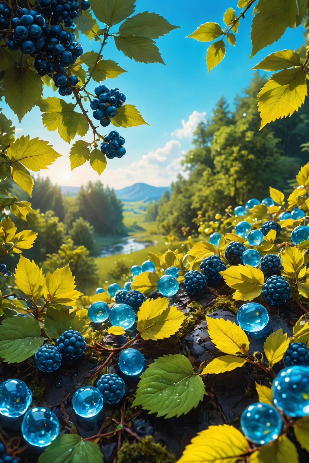 (8k digital nature photography:1.2),
(a summer landscape:1.1) with trees in the distance,
glowing blue clear berries 
<lora:SDXLFaeTastic2400:1> faetastic