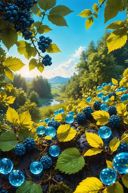 (8k digital nature photography:1.2),
(a summer landscape:1.1) with trees in the distance,
glowing blue clear berries 
<lora:SDXLFaeTastic2400:1> faetastic
