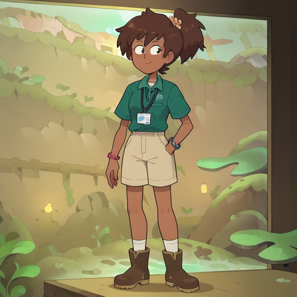 Expressiveh,score_9, score_8_up, score_7_up, ng_deepnegative_v1_75t, anne,1girl. dark skinned female,brown hair, ponytail,collared shirt, Short sleeves, boots, shorts, solo, big breast