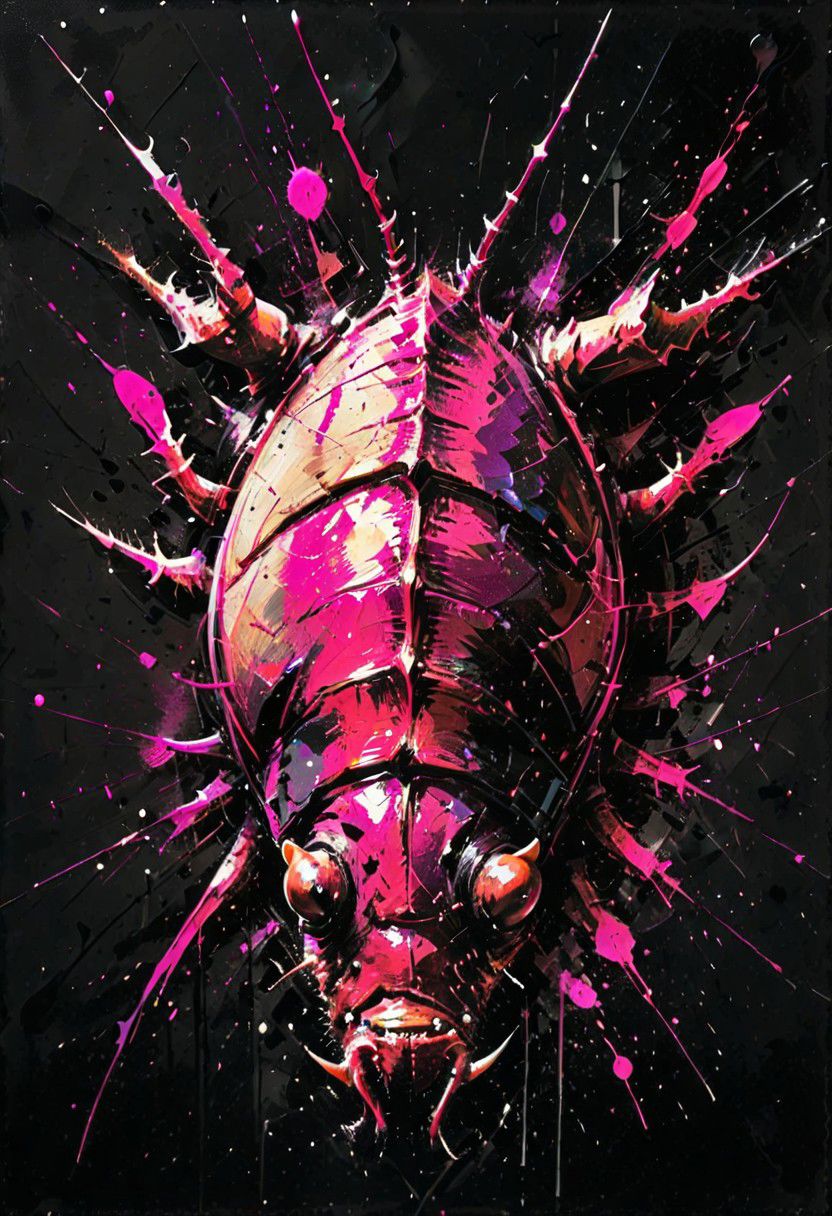 dynamink of an roach, in metallic magenta ink on a solid black background, expressive, <lora:dynamink:1>,