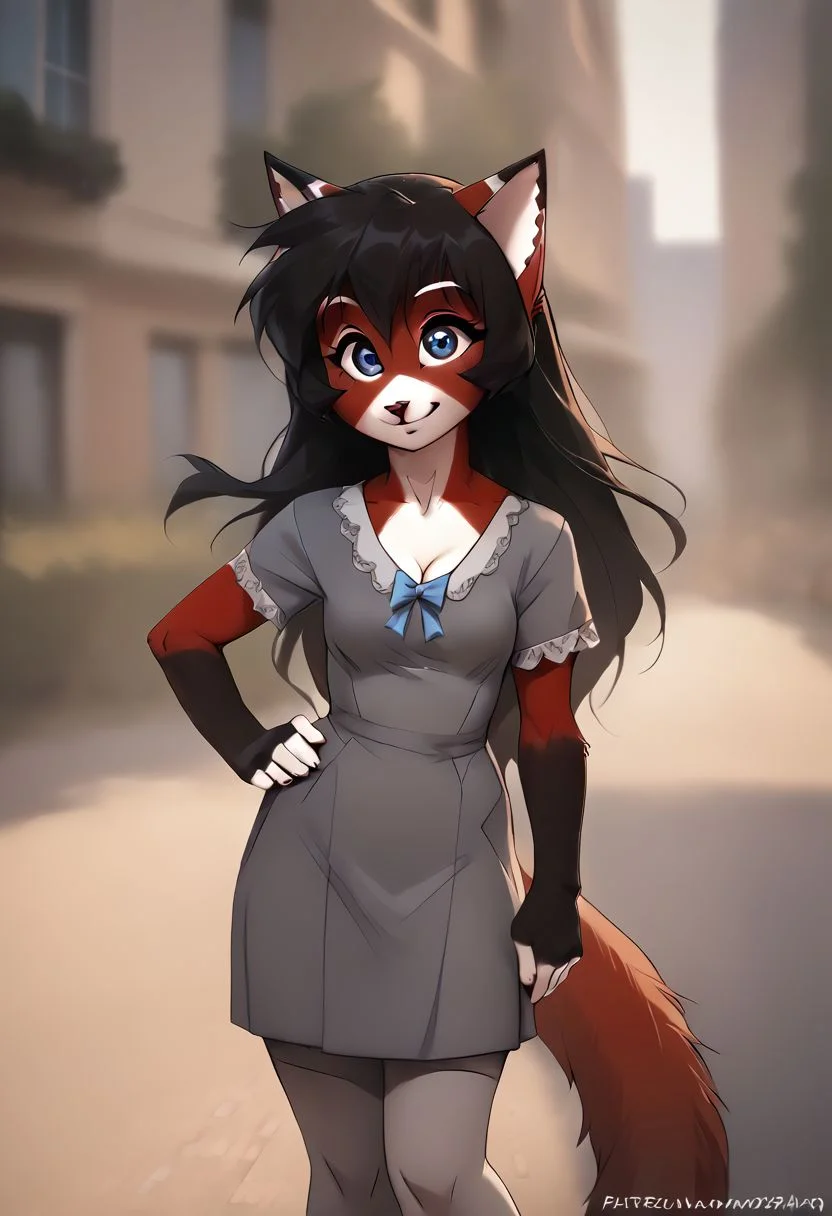 Score_9, score_8_up, score_7_up, score_6_up, score_5_up, score_4_up,iskrastyle, highly detailed, rating_explicit, ara, furry, cat girl, 1girl, (Mature:1.1), solo, 2 piece
dress, pencilskirt, socks, smile, grey dress, cleavage short sleeves, cosplay, bow, cotton tights, long hair, kneehighs, standing, cowboy shot, background, outdoor, blurry background, hand on hip, v, crowded, city, solo focus, <lora:Smooth Anime Style LoRA XL:0.7>