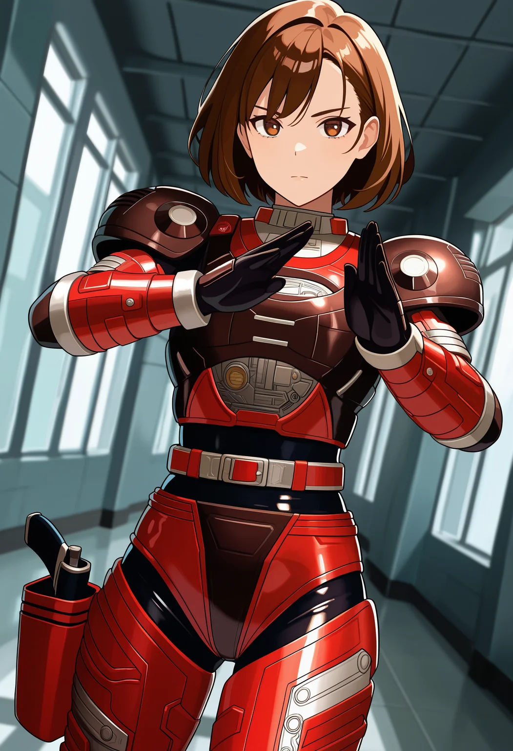 1girl, solo, R3ddle, armor, bodysuit, shoulder pad, gloves, belt, holster, brown hair, brown eyes, cowboy shot, dutch angle, looking at viewer, shiny clothes, fighting stance,
indoors, hallway, metal wall,
best quality, very aesthetic, masterpiece,