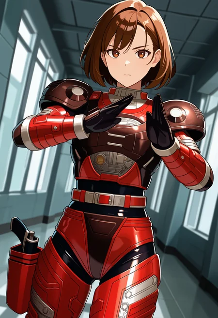 1girl, solo, R3ddle, armor, bodysuit, shoulder pad, gloves, belt, holster, brown hair, brown eyes, cowboy shot, dutch angle, looking at viewer, shiny clothes, fighting stance,
indoors, hallway, metal wall,
best quality, very aesthetic, masterpiece,
