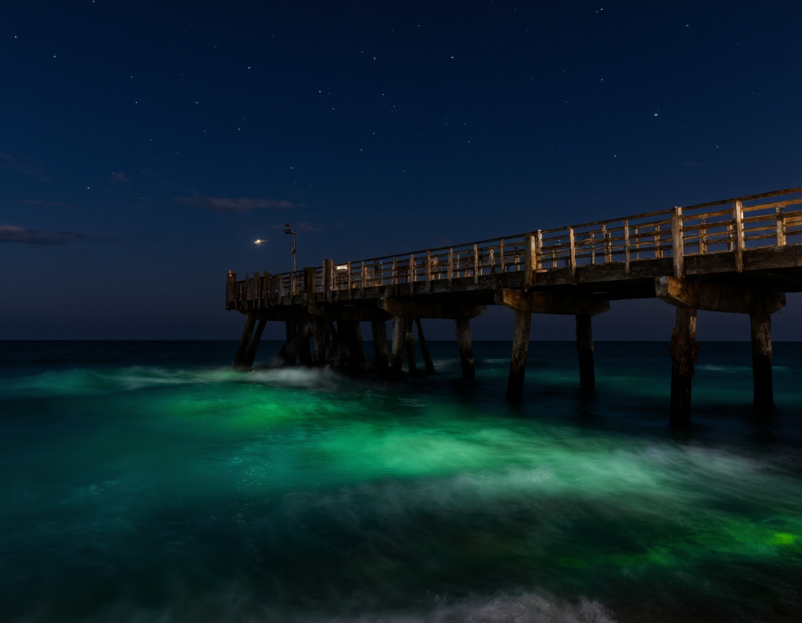  <lora:{blur, }Blur-000018:0.85> blur, 8k, artistic long exposure, ocean pier at night, bioluminescent plankton visible in the water, star trails in the sky, wooden pier texture, waves crashing gently, soft, diffused moonlight, deep blues and indigos, vibrant green plankton, Nikon D850, 30-second exposure, f/2.8. . 35mm photograph, film, bokeh, professional, 4k, highly detailed