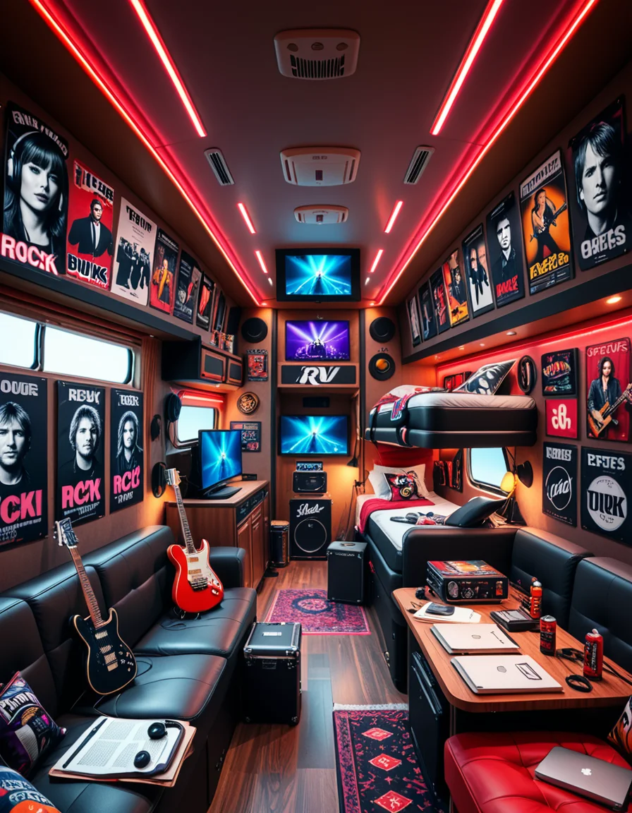 The interior of a modern RV customized for a rock band on tour. The space is stylish and lived-in, filled with musical gear like guitar cases, amps, and a drum pad. Posters of famous rock bands and tour memorabilia cover the walls. There are leather couches, a small kitchenette with snacks and energy drinks, and a cluttered table with laptops, cables, and setlists. A narrow hallway leads to sleeping bunks with personal items like headphones, books, and clothes tossed around. The lighting is warm with LED strips in red and purple tones, giving it a cozy but edgy atmosphere. A small TV displays concert footage, and speakers are mounted on the ceiling. The whole scene feels energetic, artistic, and chaotic in a creative way. Realistic style, rich colors, and highly detailed environment.
<lora:SDXLFaeTastic2400:0.4> <lora:extremely_detailed:0.4> extremely detailed <lora:r0ck_b4nd_rv:1>r0ck b4nd rv, Masterpiece,best quality,hi res,8k,hi res,8k,award winning,(sharp focus, intricate, highly detailed),