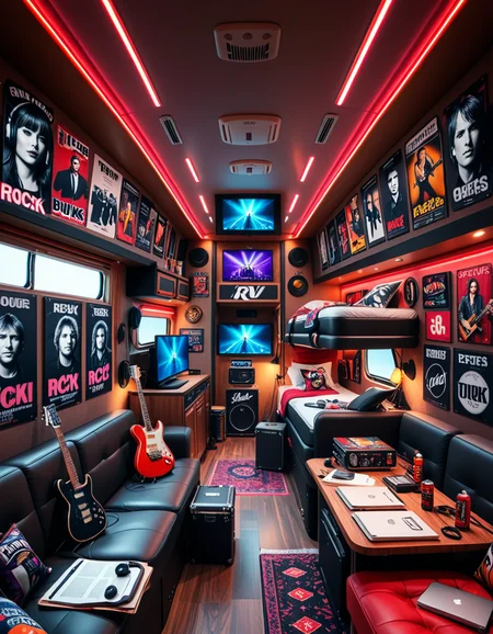 The interior of a modern RV customized for a rock band on tour. The space is stylish and lived-in, filled with musical gear like guitar cases, amps, and a drum pad. Posters of famous rock bands and tour memorabilia cover the walls. There are leather couches, a small kitchenette with snacks and energy drinks, and a cluttered table with laptops, cables, and setlists. A narrow hallway leads to sleeping bunks with personal items like headphones, books, and clothes tossed around. The lighting is warm with LED strips in red and purple tones, giving it a cozy but edgy atmosphere. A small TV displays concert footage, and speakers are mounted on the ceiling. The whole scene feels energetic, artistic, and chaotic in a creative way. Realistic style, rich colors, and highly detailed environment.
<lora:SDXLFaeTastic2400:0.4> <lora:extremely_detailed:0.4> extremely detailed <lora:r0ck_b4nd_rv:1>r0ck b4nd rv, Masterpiece,best quality,hi res,8k,hi res,8k,award winning,(sharp focus, intricate, highly detailed),