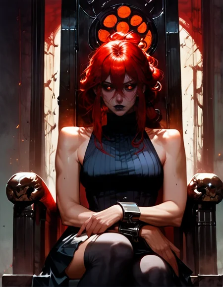 score_9, score_8_up, score_7_up, detailed background, realistic lighting, sitting on throne,
1 girl, detailed eyes,slim and fit, solo, dynamic pose, mature adult female,
Kydra, red hair, hair glow, dark lips, sleeveless turtleneck, skirt, thigh highs, metal cuffs,
<lora:Kydra-000010:0.8>,
<lora:Pony - Style - Popyay's Epic Fantasy:1>