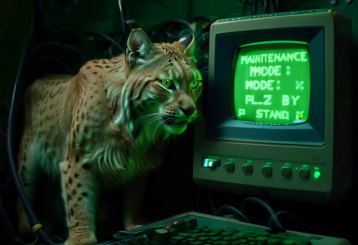 a photo of a eurasian lynx chewing on a cable in front of a green phosphor crt computer terminal, crt monitor, 60s vintage mainframe computer in the background, reel-to-reel magnetic tape drives, dark lighting, cable mess, cable spaghetti, old technology with knobs and dials, flames and sparks flying everywhere, smoke fills the air, ((((mntnnc_md_plz_stand_by))))