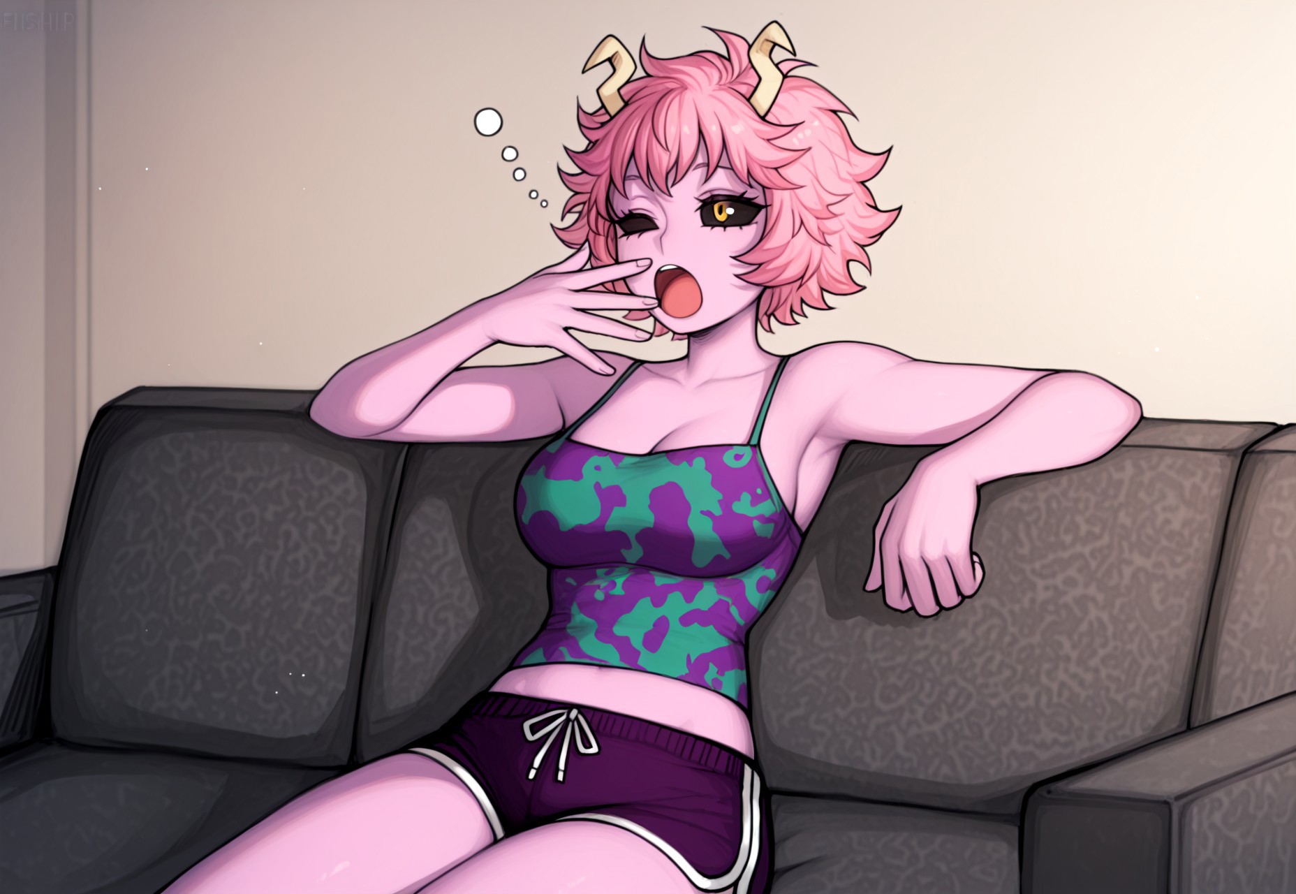 (masterpiece:0.7), sitting on couch, yawning, stretching, m1n4, pink skin, colored skin, short hair, pink hair, black sclera, yellow eyes, horns, solo, easynegative, cute, dolphin shorts, purple and green pattern spaghetti strap top, grey couch. safe, leaning against arm rest, midriff, solo, eyes closed, matilda fiship