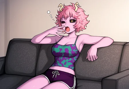(masterpiece:0.7), sitting on couch, yawning, stretching, m1n4, pink skin, colored skin, short hair, pink hair, black sclera, yellow eyes, horns, solo, easynegative, cute, dolphin shorts, purple and green pattern spaghetti strap top, grey couch. safe, leaning against arm rest, midriff, solo, eyes closed, matilda fiship