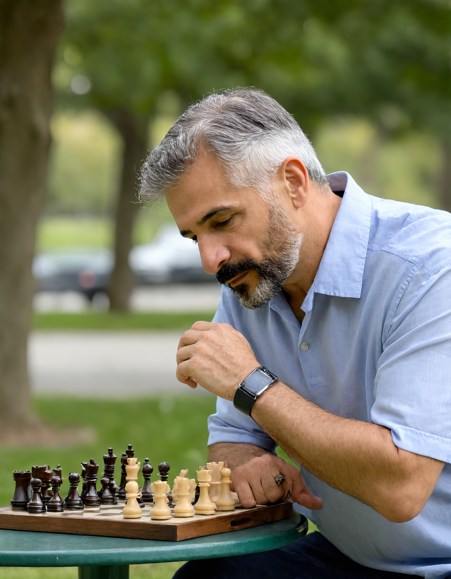 4k photo, (age55:1.7) middle age Alfonzo Cordrea playing chess in a park, gray hair, (bokeh:1.2), <lora:Alfonzo_Cordrea:1>