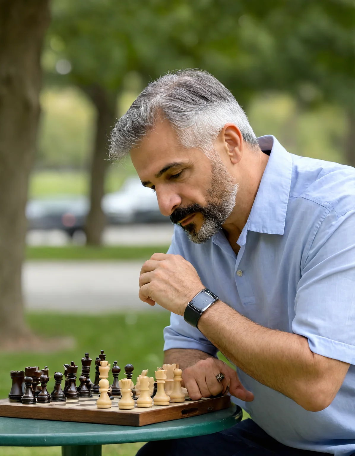 4k photo, (age55:1.7) middle age Alfonzo Cordrea playing chess in a park, gray hair, (bokeh:1.2), <lora:Alfonzo_Cordrea:1>