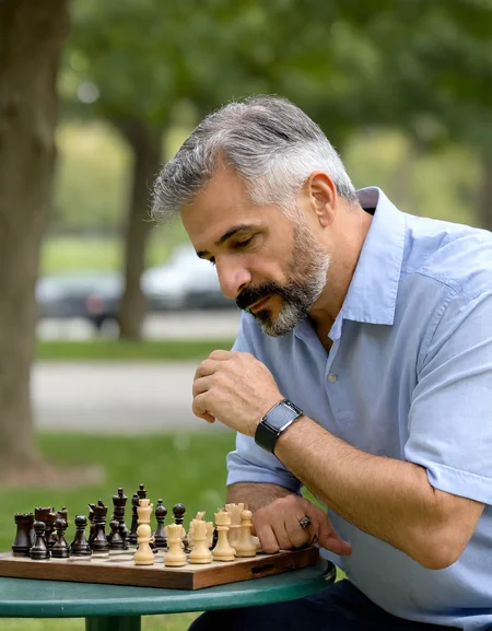 4k photo, (age55:1.7) middle age Alfonzo Cordrea playing chess in a park, gray hair, (bokeh:1.2), <lora:Alfonzo_Cordrea:1>