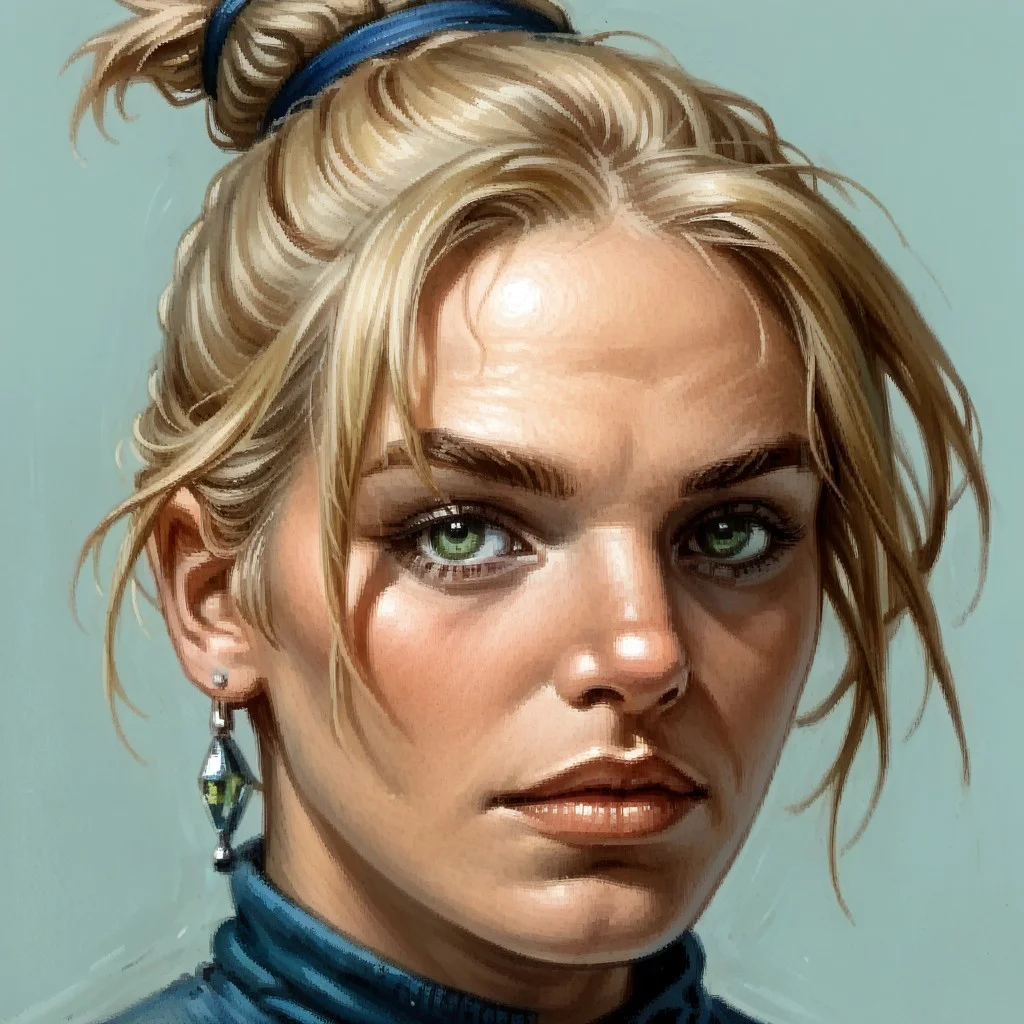 score_8, score_8_up, score_7_up, arcanum_portrait, portrait, traditional media, solo, simple background, 1girl, solo, female focus, tara_grimface, green eyes, blonde hair, high ponytail, short ponytail, blue hair tie, hair tie, single earring, painting (medium)