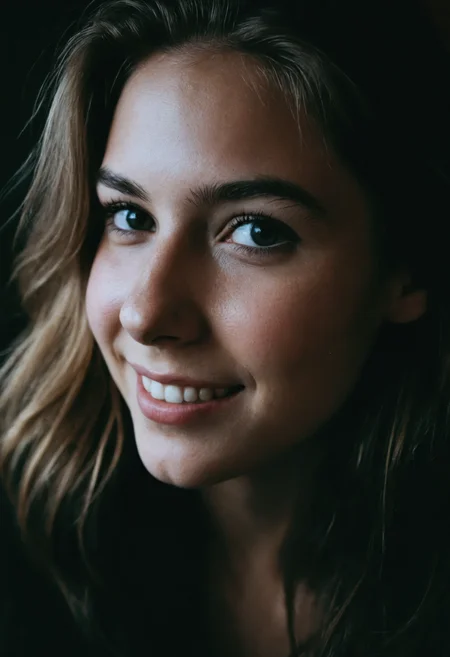 (close-up, RAW editorial photograph of a 21 year old woman), (highly detailed face:1.4) (smile:0.7) (background inside dark, moody, private study:1.3), POV, nikon d850, film stock photograph, 4 kodak portra 400, camera f1.6 lens, rich colors, hyper realistic, lifelike texture, dramatic lighting, cinestill 800