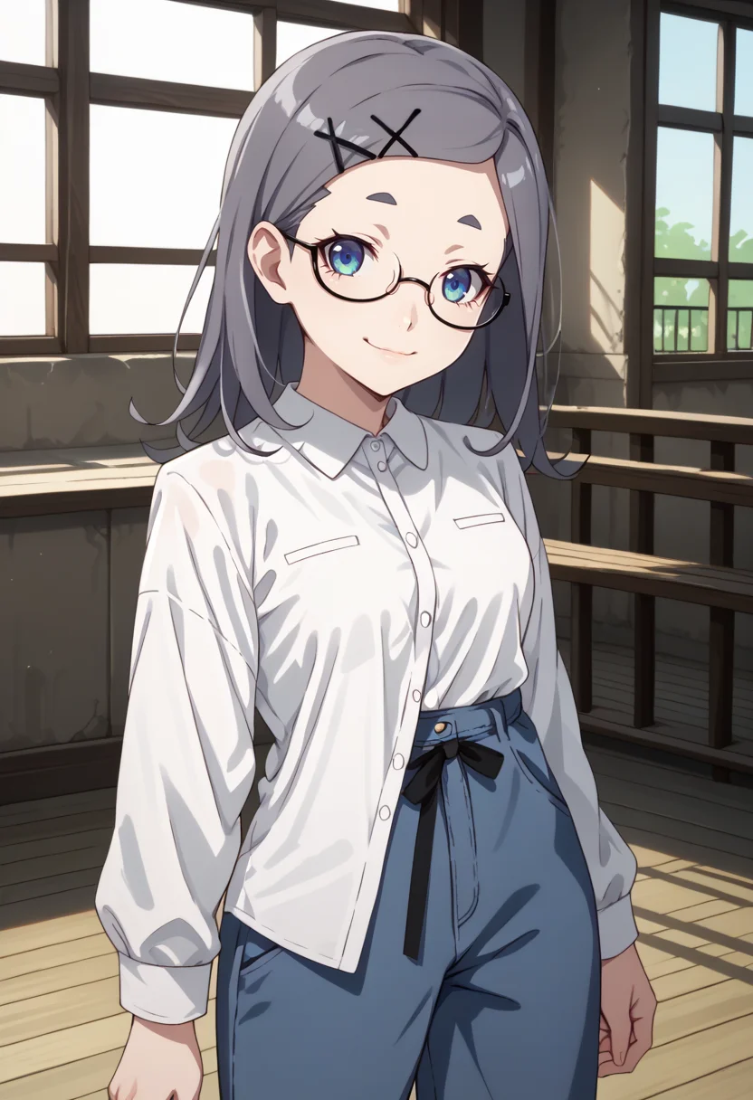 score_9, score_8_up,
1girl, <lora:MenikoHamukai_OffSeason_PDXL:1>, menikohamukai, grey hair, blue eyes,
semi-rimless eyewear, x hair ornament, white shirt, blue pants, shirt partially tucked in,
indoors, slight smile