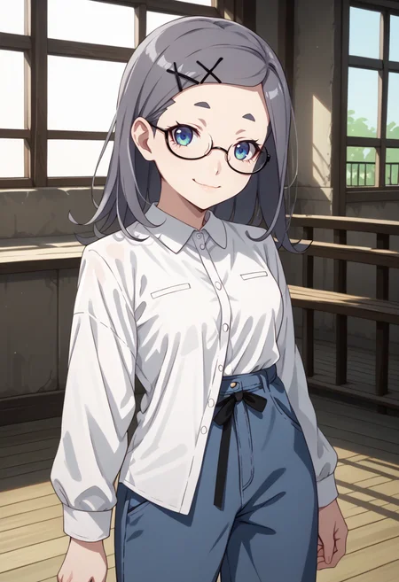 score_9, score_8_up,
1girl, <lora:MenikoHamukai_OffSeason_PDXL:1>, menikohamukai, grey hair, blue eyes,
semi-rimless eyewear, x hair ornament, white shirt, blue pants, shirt partially tucked in,
indoors, slight smile