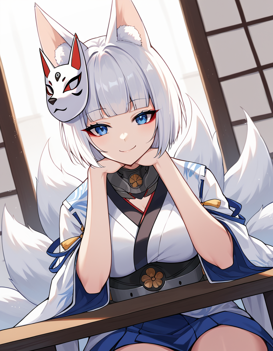 score_9, score_8_up, score_7_up, source_anime, <lora:azurlane-kaga-ponyxl-lora-nochekaiser:1>, azurlane kaga, animal ears, blue eyes, large breasts, eyeshadow, fox ears, fox tail, makeup, short hair, bangs, blunt bangs, white hair, tail, kyuubi, kitsune, multiple tails,, fur-trimmed kimono, fox mask, white kimono, mask on head, hamaya, blue sash, mask,, indoors, smile, looking at viewer, solo, sitting, head rest, table,, cowboy shot, dutch angle