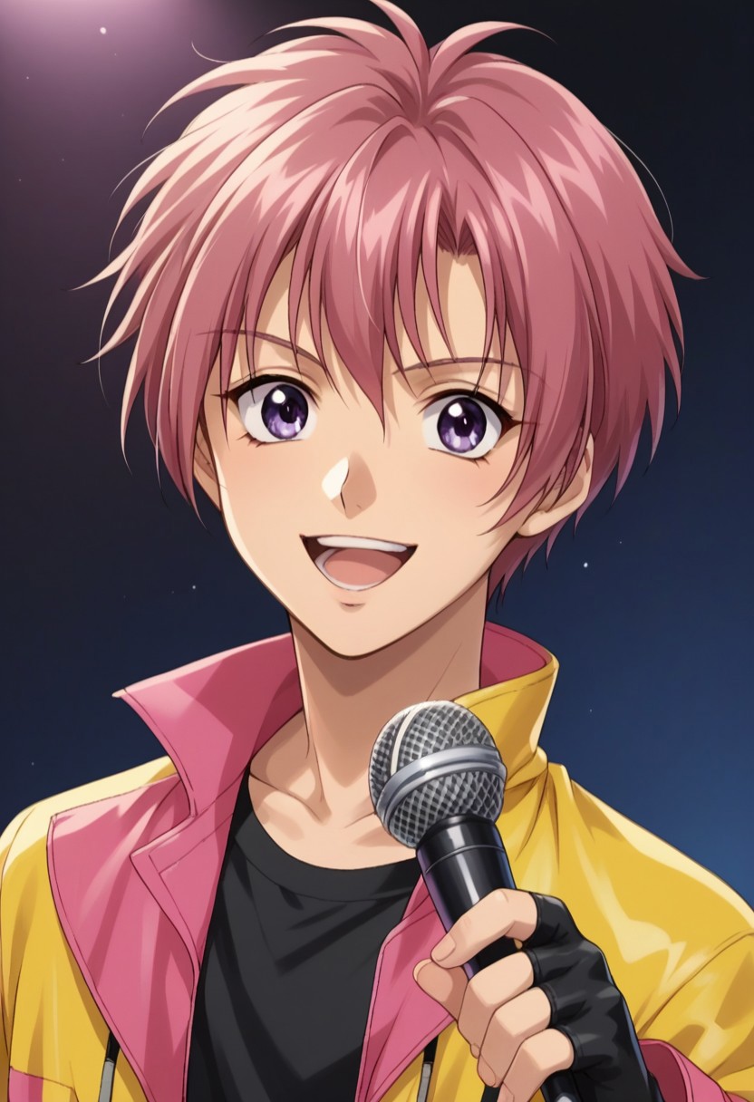 score_9, score_8_up, score_7_up, source_anime, highly detailed, 
ShuichiShindou, 1boy, solo, gloves, fingerless gloves, short hair, open mouth, smile, purple eyes.
pink hair, jacket, yellow jacket, open clothes, black gloves, open jacket,
looking at viewer, :d, upper body, shirt, black shirt
indoor, stage, microphone, microphone stand,