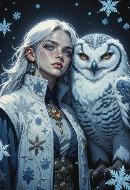 A fierce young woman with cold white hair and blue eyes stands beside a majestic owl. Her freckled skin glows in the cold light of the frost that dance around them. She wears an ornate white and bllue embroidered vest adorned with intricate snow patterns, a matching pendant with an amber gemstone resting at her throat. Her expression is intense, determined, and regal. The owl, its feathers a radiant blend of white snow and blue, presses close to her, its sharp beak and piercing eyes exuding power and wisdom. snowflakes float in the air, casting an ethereal glow against the dark background, as if the world itself bends to their presence. <lora:FluxMythG0thicL1nes:0.6> <lora:FluxMythR3alisticF:0.5> <lora:RetroAnimeFluxV1:0.6> <lora:OB半写实肖像画V2.0:0.6>